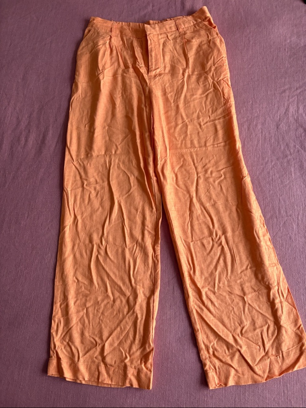 H&M Wide Leg Linen-Blend Pants in Coral Orange